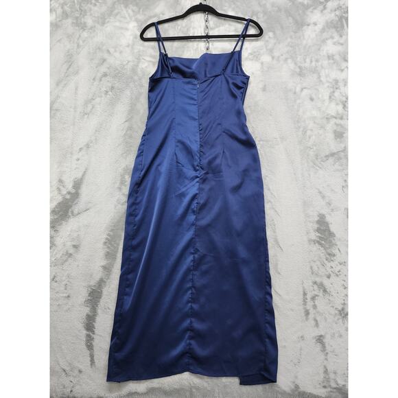 Shein Dress Womens S Blue Split Thigh Satin Cami Midi Stretch Back Zip Party - Picture 2 of 9